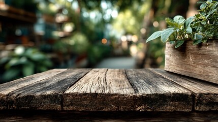 Minimal wooden podium at bottom center with small empty surface, blurred natural garden background, providing 75% blank space for organic food products, eco branding, and healthy lifestyle display.