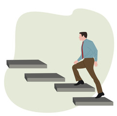 man climbing stairs. Young business man steps up stairs to successful point.