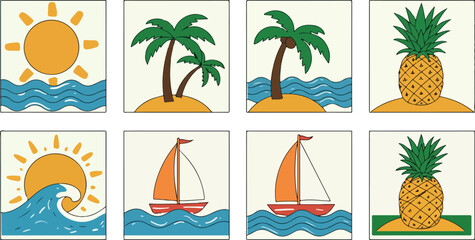 Obraz premium Tropical summer vacation themed illustrations featuring sun palm trees sailboats and pineapples.