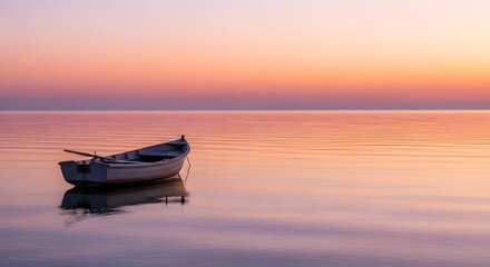 Naklejka premium Serene Boat at Sunset Tranquil Waters and a Vivid Sky Reflecting on Peaceful Moments