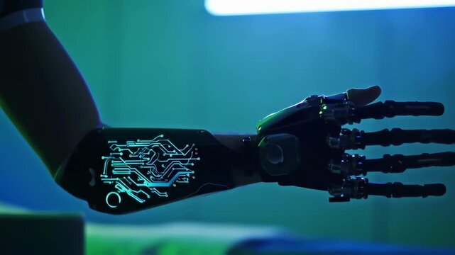 Futuristic robotic arm with glowing circuit patterns