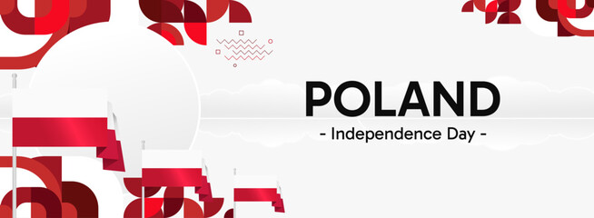 Fototapeta premium Poland Independence day wide banner. Happy National celebration background with flag and geometric. Good for poster, greeting card, campaign, invitation, and national events.