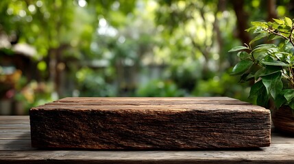Minimal wooden podium bottom center with small clean surface, soft blurred natural garden background, 75% blank space perfect for organic food products, healthy lifestyle, and eco branding campaigns.