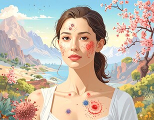 A woman with skin blemishes against a landscape backdrop
