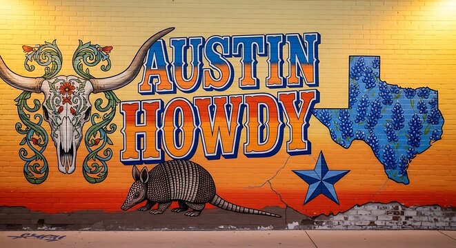 Austin Howdy Mural with Armadillo and Texas Flag.