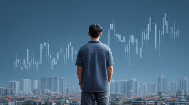 Man in Checkered Shirt Watching Financial Chart Over City Skyline, Symbolizing Stock Market Trends and Economic Growth Strategy
