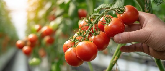 A farmer is carefully inspecting ripe red tomatoes growing on the vine in a greenhouse with bright sunlight shining through the roof panel.