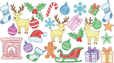 Vector art of collection of christmas drawings with reindeer, stockings, gifts, and ornaments