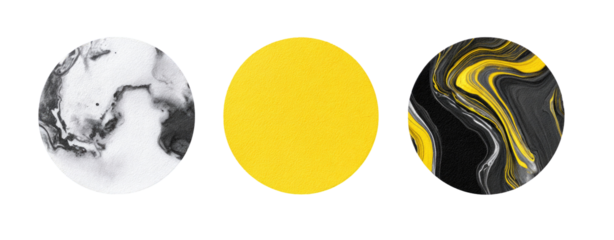 Three circular shapes with different marble-like patterns