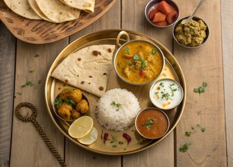 Traditional North Indian Thali Served on Rustic Wooden Table with Complete Festive Meal &ndash; High-Resolution Authentic Indian Food Image for Menus and Celebrations