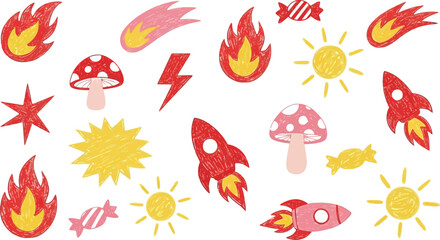 Vector art of assortment of colorful, crayondrawn space and fire elements