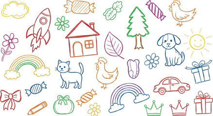 Vector art of variety of charming, crayonstyle drawings of animals, nature, and objects