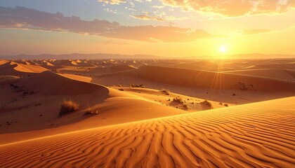 Vibrant Desert Landscape at Sunset with Golden Dunes and Clear Sky Cinematic Photography
