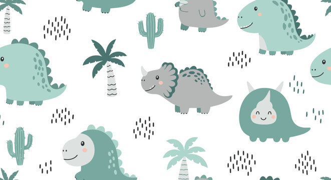 Adorable cartoon dinosaurs with palm trees and cacti create a whimsical, playful jungle theme perfect for kids' decor and apparel