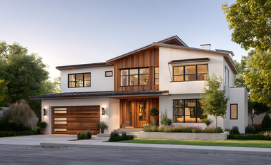 Obraz premium Architectural Visualization of Modern House with Wooden Accents