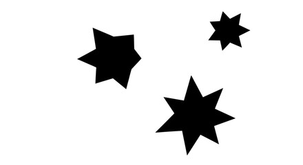 Three abstract black starburst shapes scattered dynamically on a clean white background creating a modern graphic element