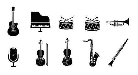 Discover diverse musical instruments including guitar, piano, drums, trumpet, violin, saxophone, clarinet, and microphone icons for your creative projects.