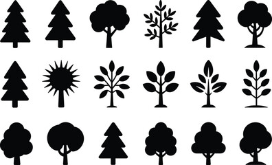 Fototapeta premium Black Tree Silhouette Icon Set – 18 Unique Tree Shapes, Foliage Styles, Nature Elements for Design, Environment, and Vector Illustration