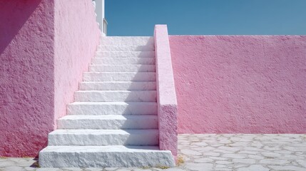 Minimalist Architecture White Staircase Against Pastel Pink Wall Under Bright Sky