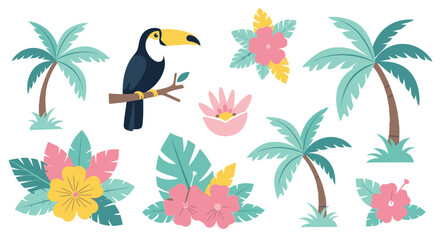 Vibrant tropical paradise elements with a toucan bird, palm trees, and exotic flowers creating a lively summer vacation vibe