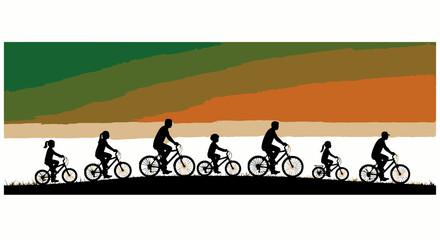 Joyful family cycling adventure at sunset silhouettes, creating lasting memories on a scenic trail