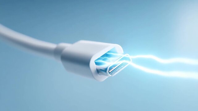 White USB Type C Cable with Electric Energy Effect, Fast Charging Technology, Modern Power Transfer, White Connector, Blue Background, Digital Device Innovation, Charging Energy, Futuristic Electric