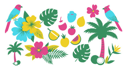 Vibrant tropical paradise elements with colorful birds, palm trees, exotic fruits, and lush foliage create a lively, joyful summer getaway scene.