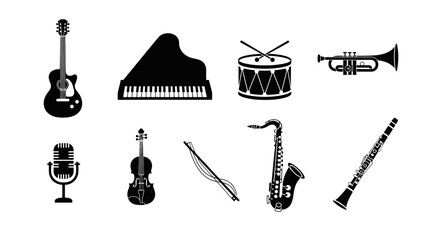 Diverse musical instruments collection for creative projects and entertainment, featuring guitar, piano, drums, trumpet, violin, saxophone, clarinet, and microphone icons.