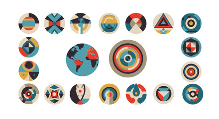 Modern geometric abstract icons and earth globe, vibrant mid century modern style, perfect for tech and business branding
