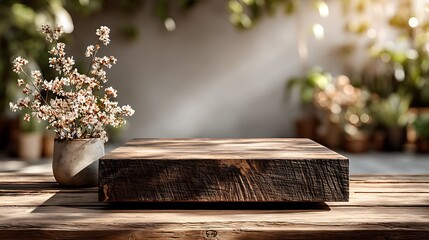 Natural wooden podium placed at bottom center with soft sunlight and blurred wall background, large blank space ideal for eco product display, organic branding and modern advertising design.