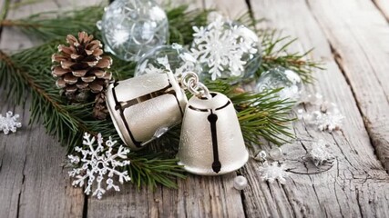 Close up of christmas bells pine cone and snowflakes on a rustic wooden surface for the holidays christmas video - Powered by Adobe
