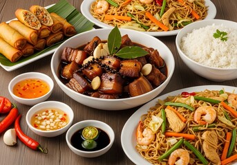 Delicious filipino cuisine featuring adobo pancit and lumpia ready to be served and enjoyed