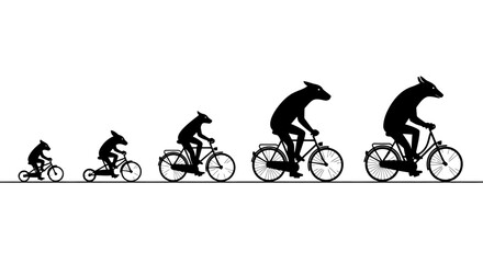 Captivating silhouette progression of canine evolution riding bicycles, showcasing advancement and innovation through cycling journey