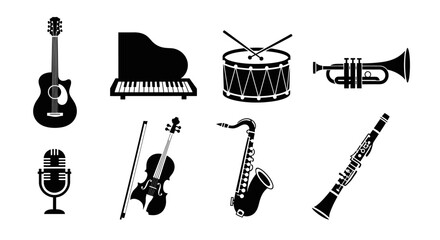 Stunning collection of classic musical instruments including guitar, piano, drum, trumpet, violin, saxophone, clarinet, and microphone icons