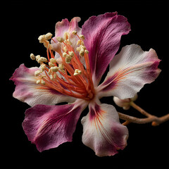 Purple and white hibiscus-like flower with textured petals and vibrant orange stamens, macro on black background