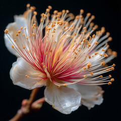 White and pink delicate flower with long stamens and yellow pollen, macro photography on black background