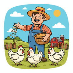 Naklejka premium Cartoon farmer feeding chickens in a sunny field by barn 