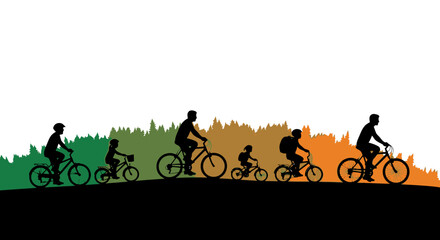 Joyful family cycling adventure through vibrant forest landscape, creating lasting memories together in the outdoors