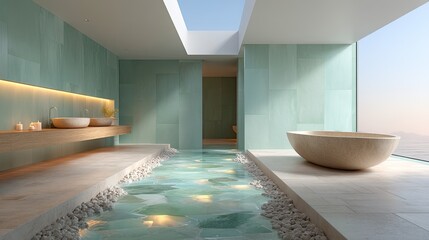 Modern Bathroom with Green Tiles and Sunlight Reflections Featuring Beige Bathtubs and Skylight Design in a Spa Setting Near Water