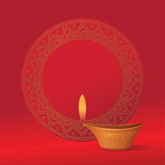 A vector seal or unit with Rangoli and Diya graphic. Beautiful, bright red color Diwali festival unit with empty space for headline or message.