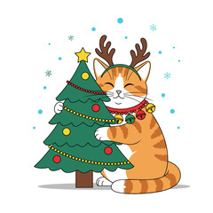 An adorable orange cat wearing reindeer antlers hugs a decorated Christmas tree.