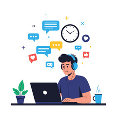 A young person wearing headphones sits at a laptop surrounded by speech bubbles and icons.