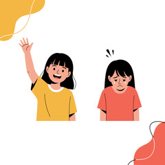 Obraz premium The contrasting emotions of two young girls one happy and waving the other sad and downcast.