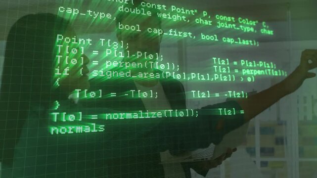 Engineers reviewing polyline code on screen after woman pointing HTTP requests and man scanning PC