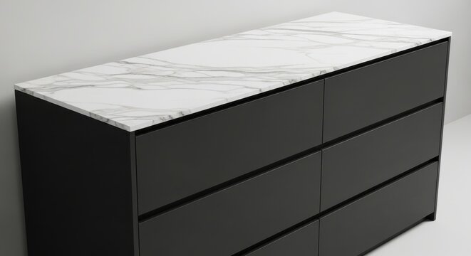 Modern black dresser, marble top furniture, sleek drawers, minimalist decor