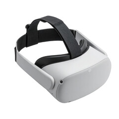 A light gray virtual reality headset with black head strap is displayed against a black background.