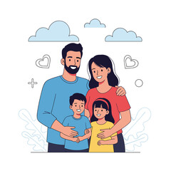 A happy family of four standing together under decorative clouds and hearts.