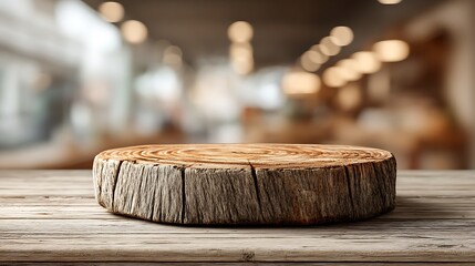 Natural wooden podium with small scale surface at bottom center illuminated by soft sunlight and blurred wall, designed with 70 percent blank space for eco friendly product presentation.
