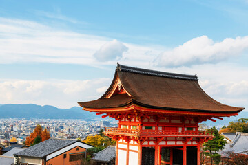 Kiyomizudera Sammon gate with city view and autumn leaf, Kyoto