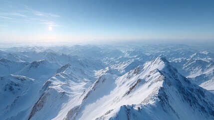 Scenic Snowy Mountain Range Under Clear Blue Sky In Winter Landscape